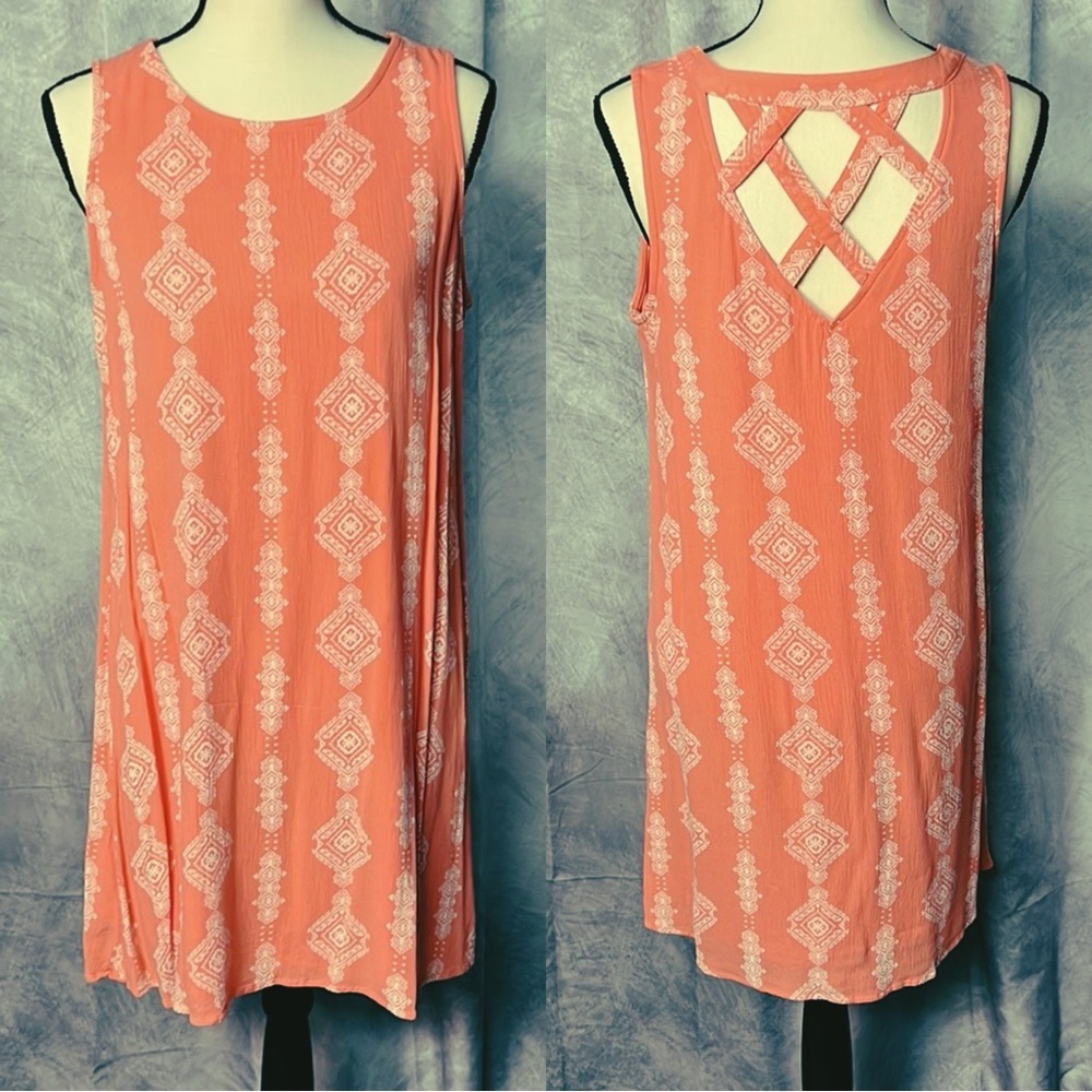 Maurices Coral Shift Dress with White Design and Woven Back - Medium